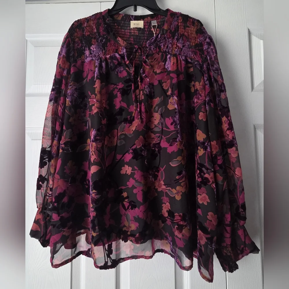 NWT Elie Tahari Woman Floral Tie-Neck Blouse - Pink/Magenta Size 2X